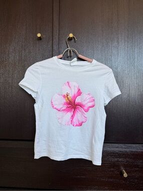100 % Cotton White mini tee with Pink Hibiscus Graphic